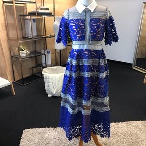 Blue/White Guipure Lace Midi Dress With Collar - M